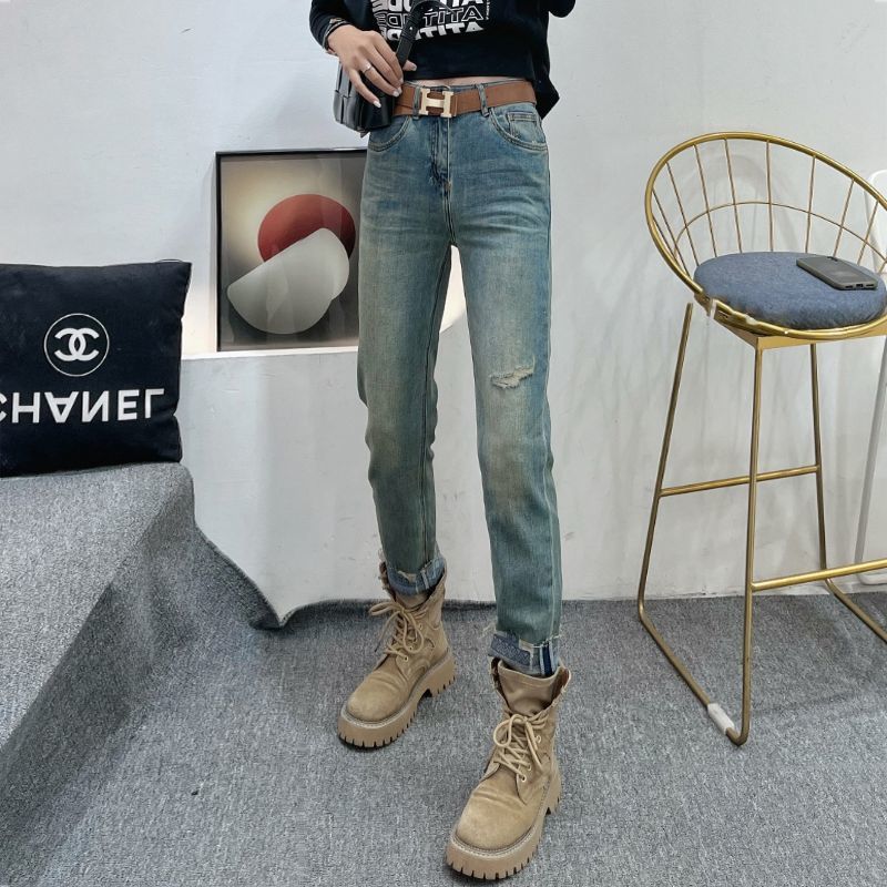 復古藍直筒牛仔褲女早秋新款大碼高腰破洞九分煙管褲潮51073