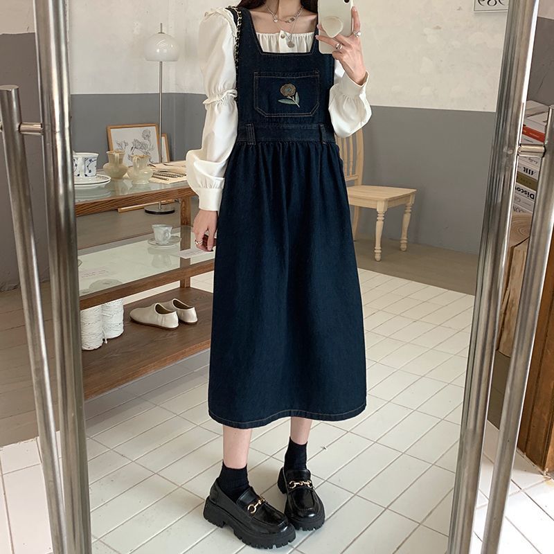 胖MM大碼牛仔背帶裙女夏復古中長款刺繡寬鬆顯瘦無袖吊帶連衣裙子