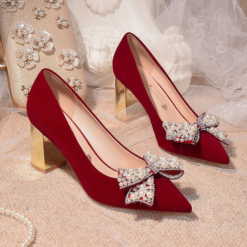 Thick heel wedding shoes women 2023 new Chinese style red wedding bride shoes not tired feet pregnant women can wear high heels