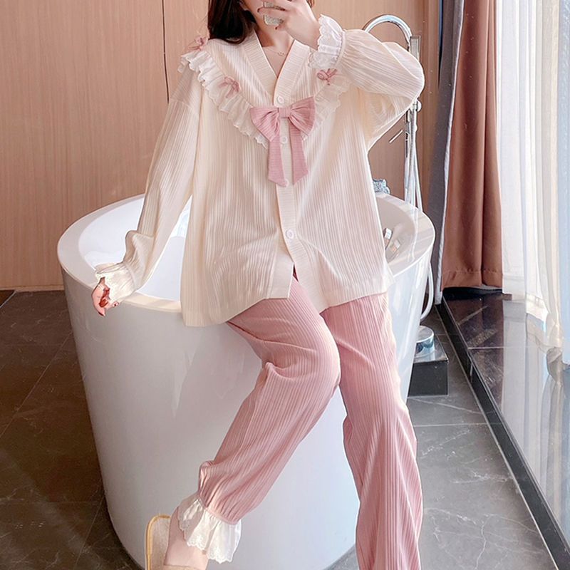 Korean version of pajamas women's autumn and winter sweet and cute lotus leaf edge puff sleeve students large size can be worn outside home service suit