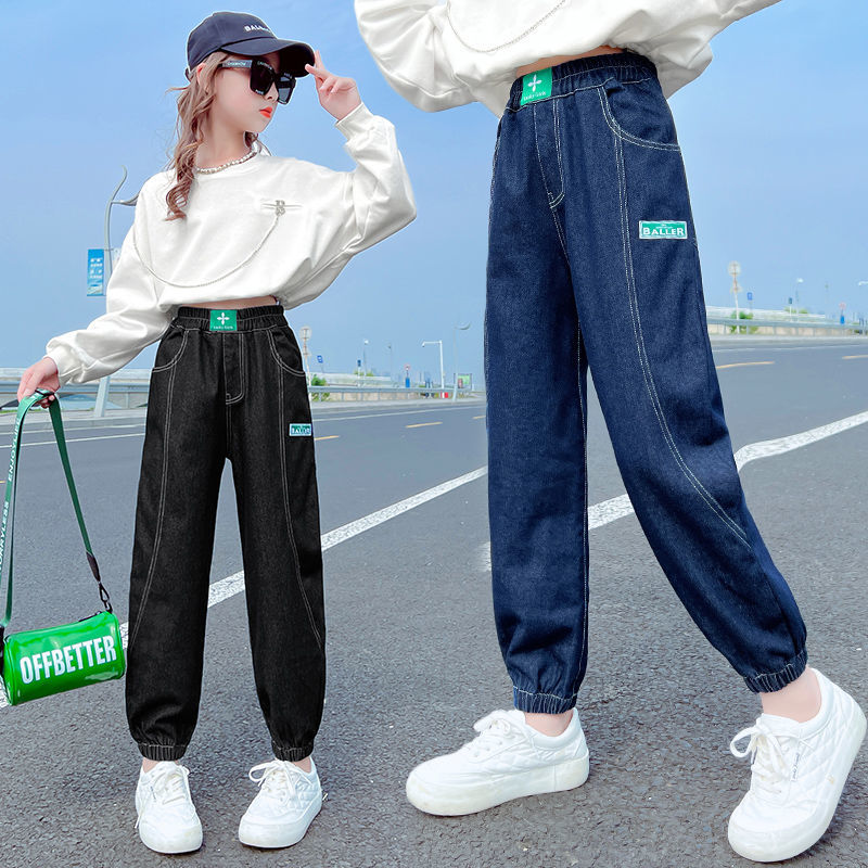 女童春秋牛仔褲中大童老爹褲子小女孩長褲學生韓版寬鬆洋氣牛仔褲