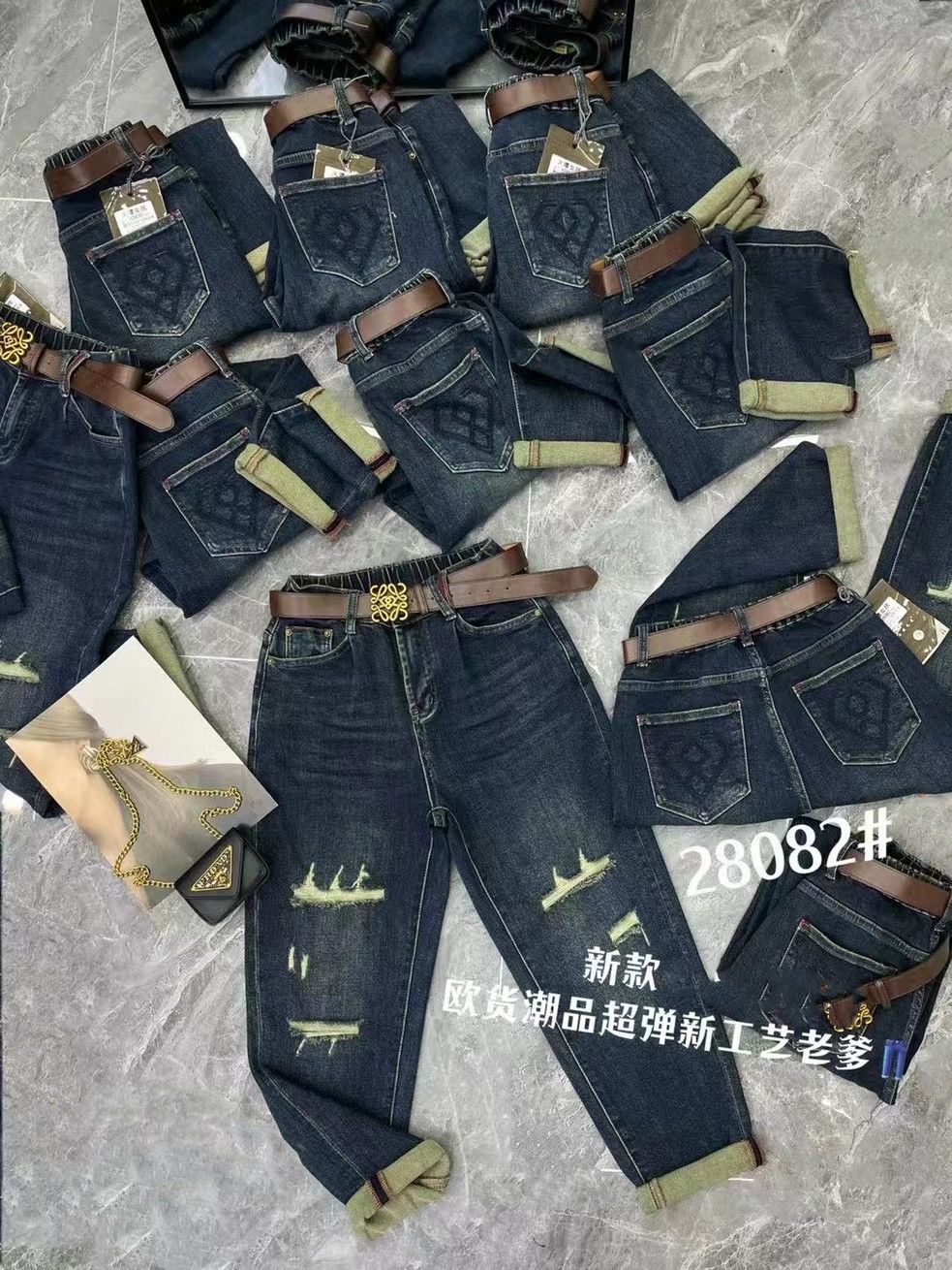 2022秋季鬆緊腰牛仔老爹褲女假破洞寬鬆大碼哈倫褲小襠垮褲蘿蔔褲