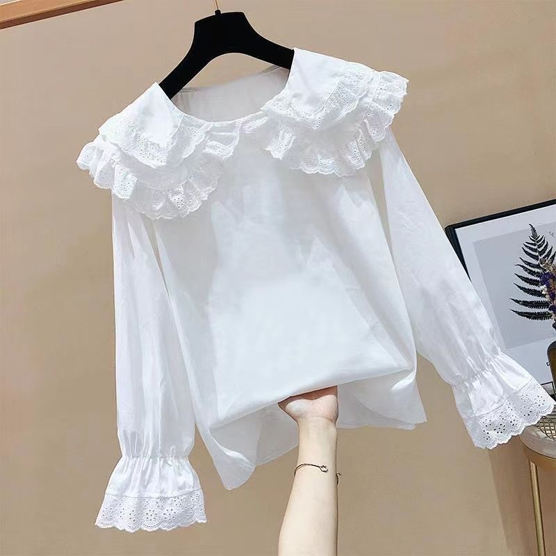 女童純色襯衫2022春秋新款洋氣兒童娃娃領襯衣長袖中大童加絨上衣