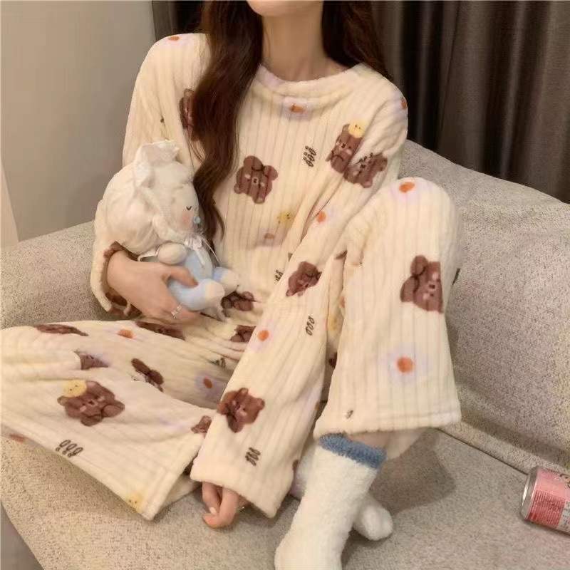 New suit  autumn and winter pajamas round neck loose thin long-sleeved home service flannel ladies two-piece set