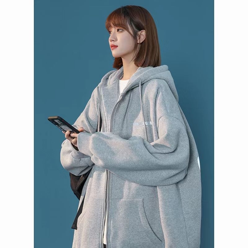 Fat mm300 Jin Hong Kong style chic retro hooded sweater women's spring and autumn thin section loose baseball uniform hooded jacket ins