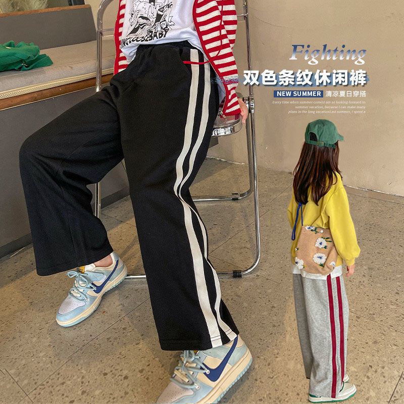 女童休閒褲2023春秋新款中大童直筒寬鬆條紋兒童長褲洋氣運動褲子