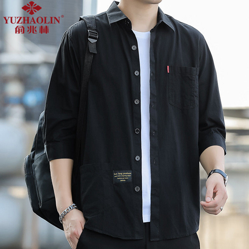 Yu Zhaolin 100% cotton summer short-sleeved shirt men's tooling loose three-quarter sleeve mid-sleeve shirt jacket men's clothing