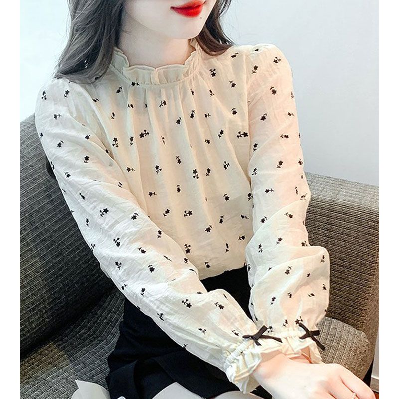 早春新款2023立領長袖印花雪紡襯衫女裝淑女設計感小眾打底上衣