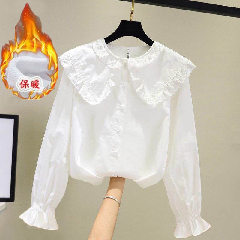 2022 new girls' long-sleeved shirt spring and autumn doll collar bottoming shirt plus velvet white lace top children's loose trendy