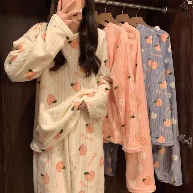 Bear flannel thickened long-sleeved pajamas women's autumn and winter sweet and warm outerwear Korean style home clothes fashion suit