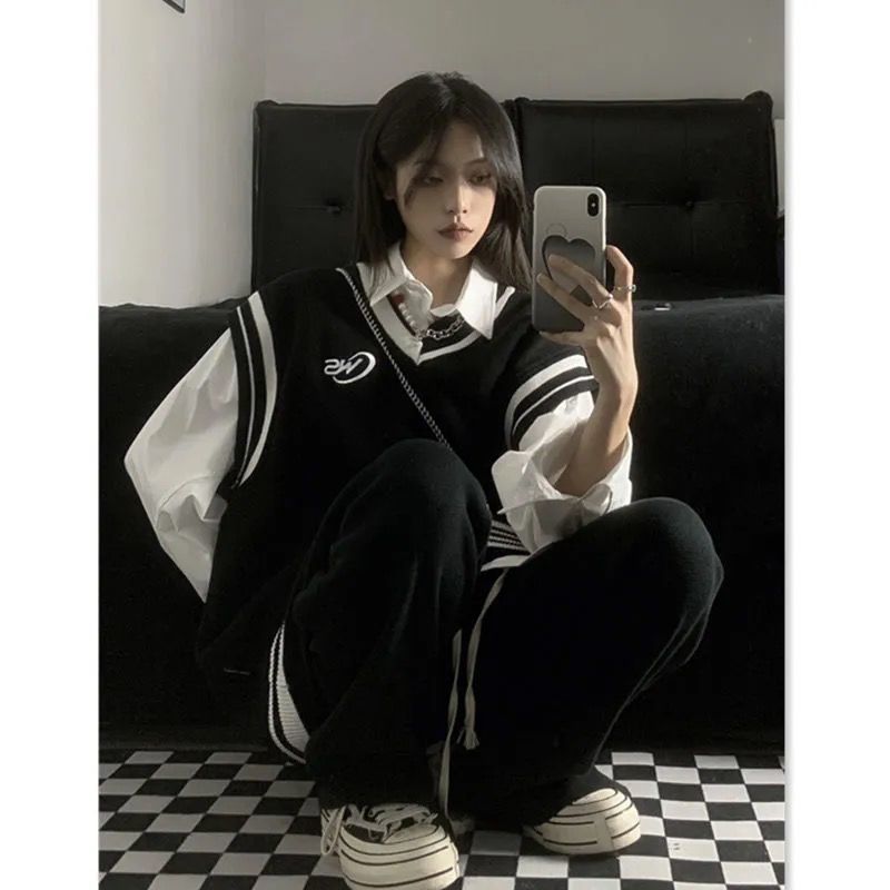 洋氣套裝ins秋季韓版寬鬆長袖襯衫+顯瘦減齡針織背心馬甲女兩件套