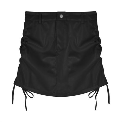 Girls pu leather skirt autumn new elastic high waist drawstring pleated hip skirt new black strappy skirt