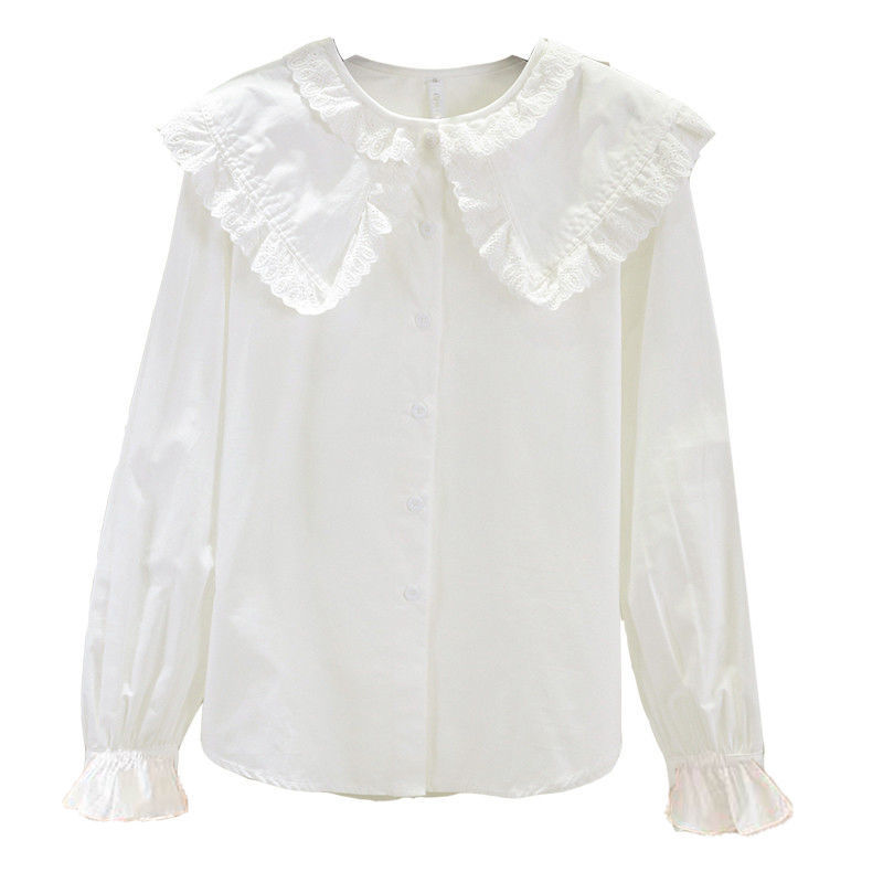 2022 new girls' long-sleeved shirt spring and autumn doll collar bottoming shirt plus velvet white lace top children's loose trendy