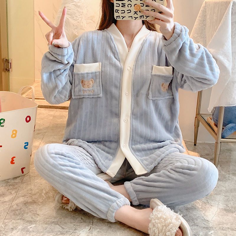 Pajamas women's autumn and winter coral fleece plus velvet thickened to keep warm cute and sweet Korean style flannel winter home service suit