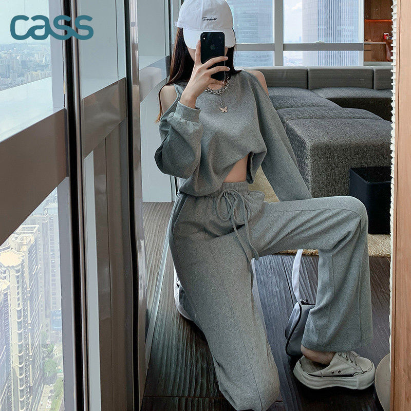 CASS时尚运动套装女春秋季薄款长袖露肩上衣高腰阔腿裤休闲两件套