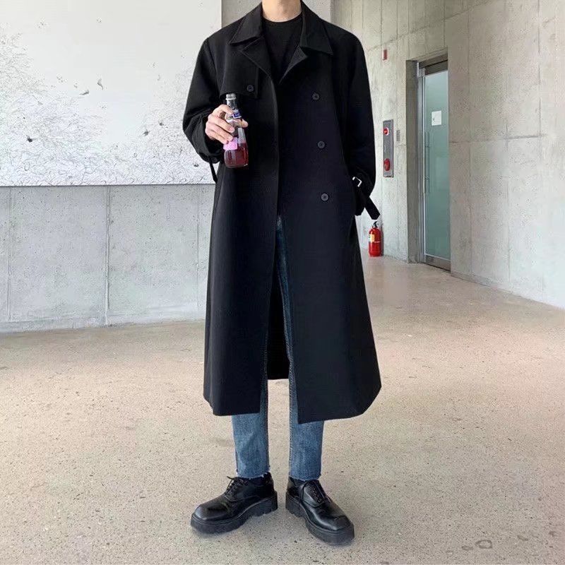 Korean style windbreaker men's mid-length trendy loose over-the-knee British double-breasted coat autumn and winter thickened Japanese coat