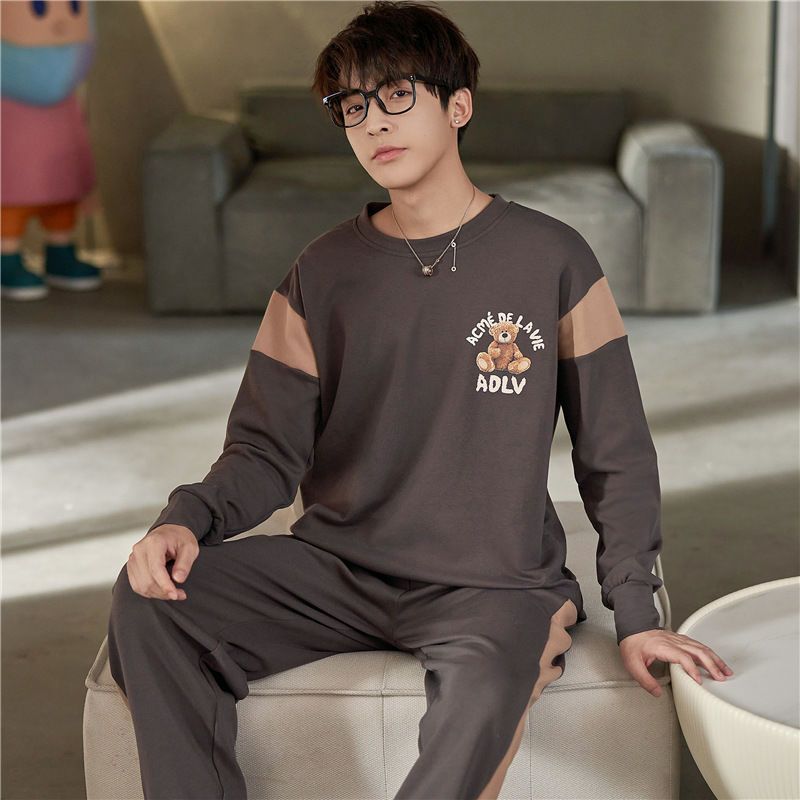 Men's pajamas spring and autumn long-sleeved cotton cartoon youth thin section large size cotton student home service suit