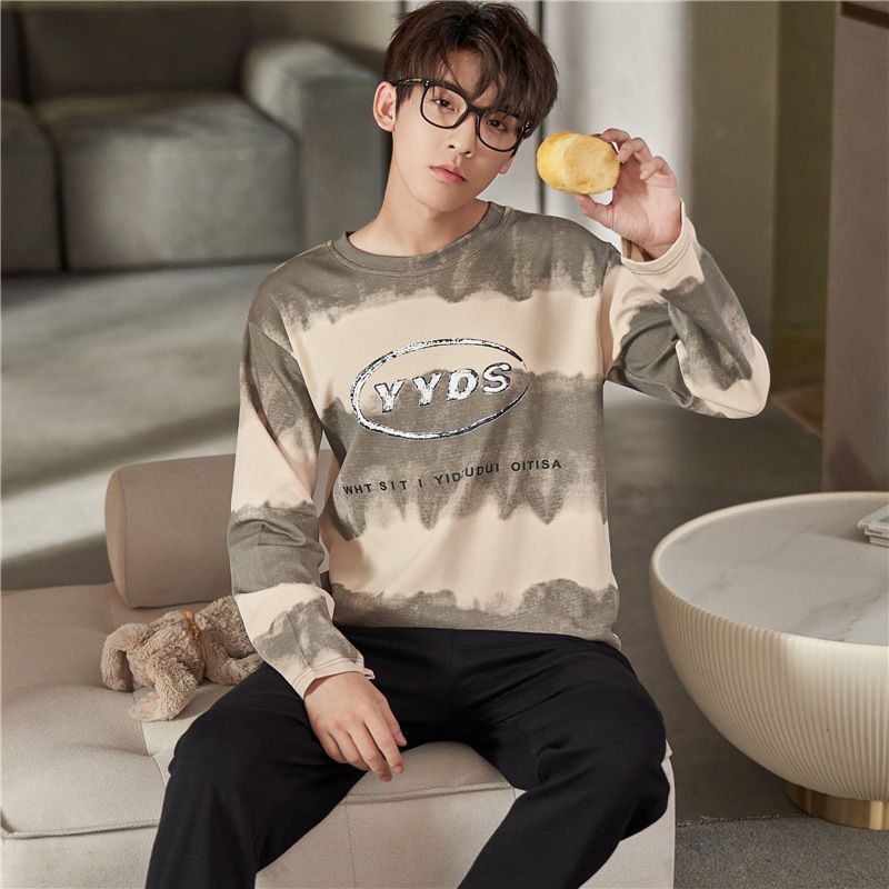 Men's pajamas spring and autumn long-sleeved cotton cartoon youth thin section large size cotton student home service suit