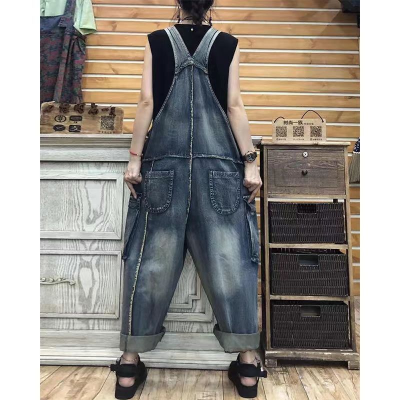 Large size  autumn new personality pocket denim overalls women's loose trousers slim jumpsuit trendy trousers