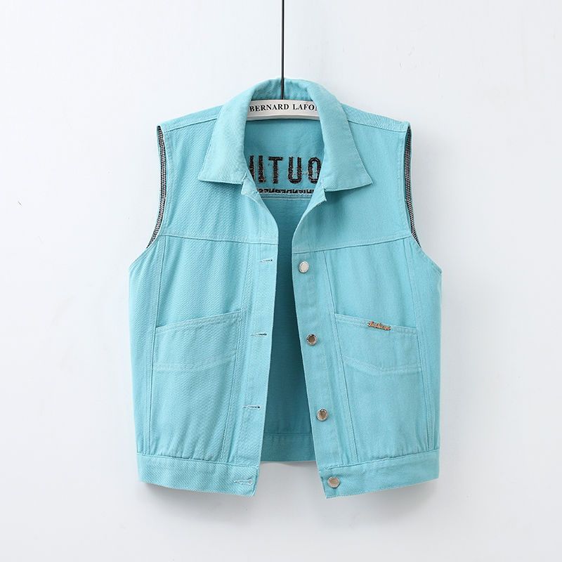 New color denim vest women's short all-match slim fit embroidered sleeveless jacket ripped cardigan top spring