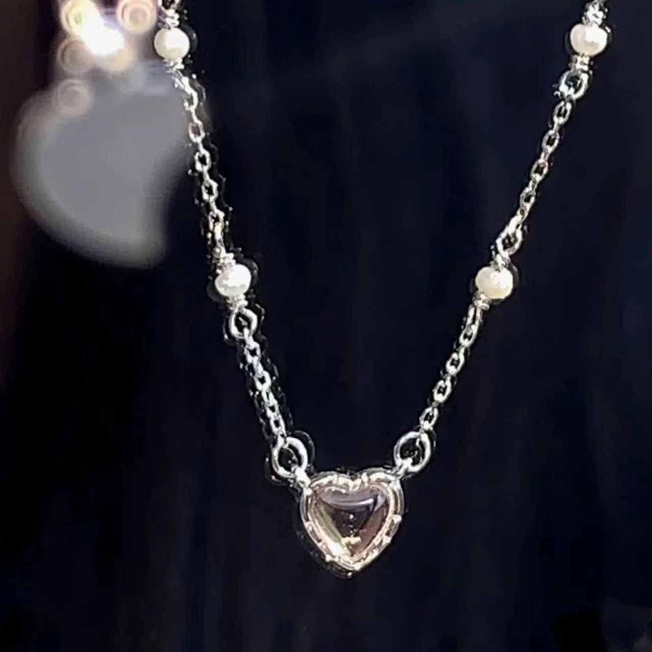 DZONE纯银项链女年夏季新款爱心粉钻珍珠锁骨链轻奢小众设计