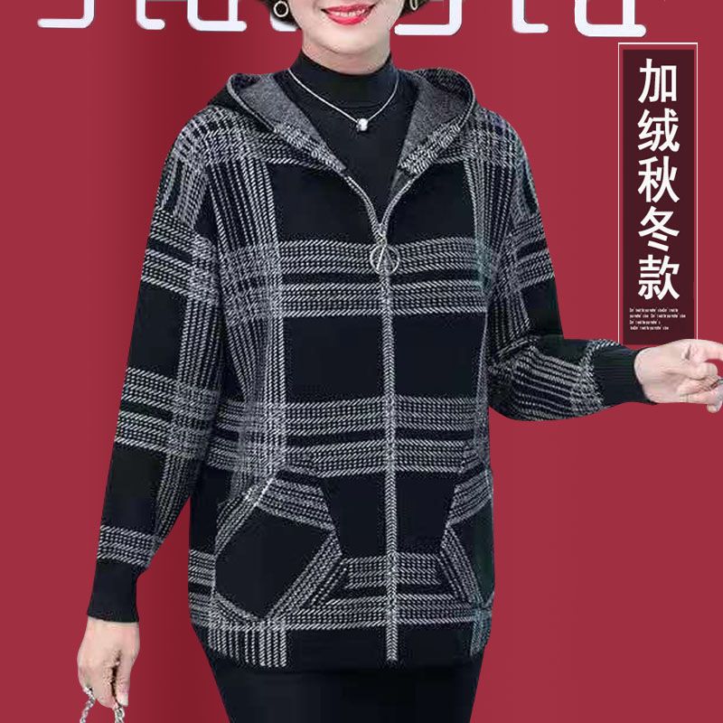 Autumn and winter new hooded plus velvet thickened jacket women's short middle-aged and elderly women's clothing fat mother plaid outerwear