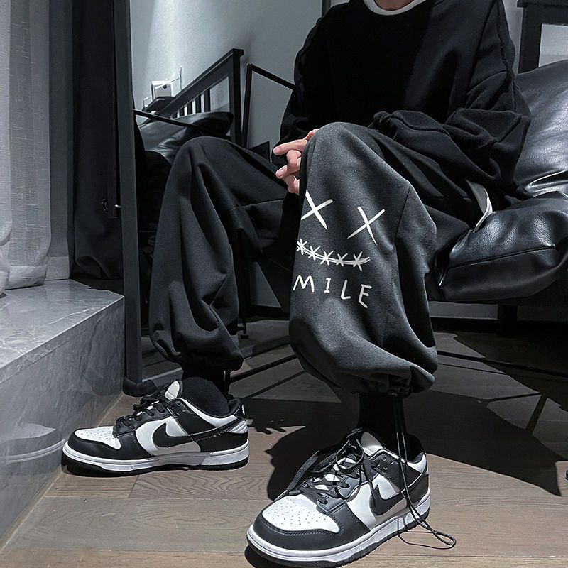 Tide brand devil smiley pants men's summer new vintage Hong Kong style casual pants trend sports beamed pants