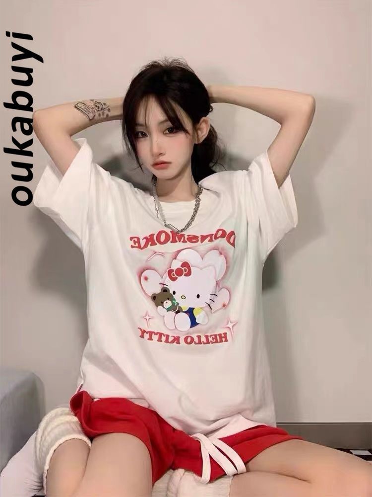 OUKABUYI pure cotton Sanrio family Kitty printed short-sleeved T-shirt bestie outfit women's summer college style top