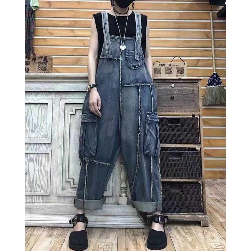Large size  autumn new personality pocket denim overalls women's loose trousers slim jumpsuit trendy trousers