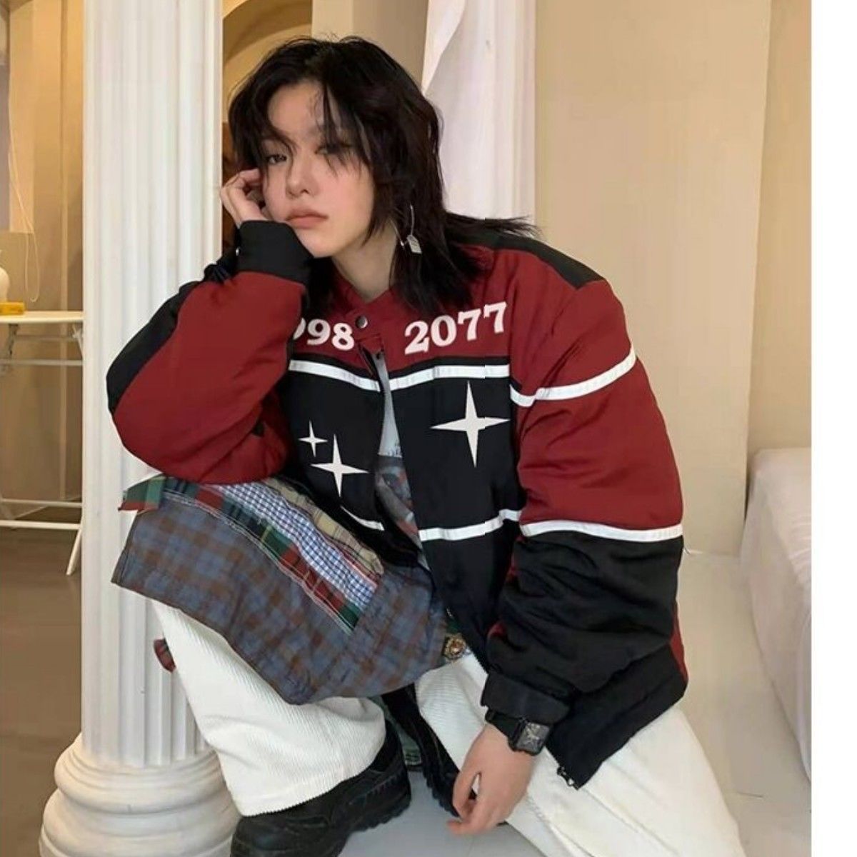 American retro motorcycle baseball jacket, men's and women's loose and trendy design, vintage racing jacket top