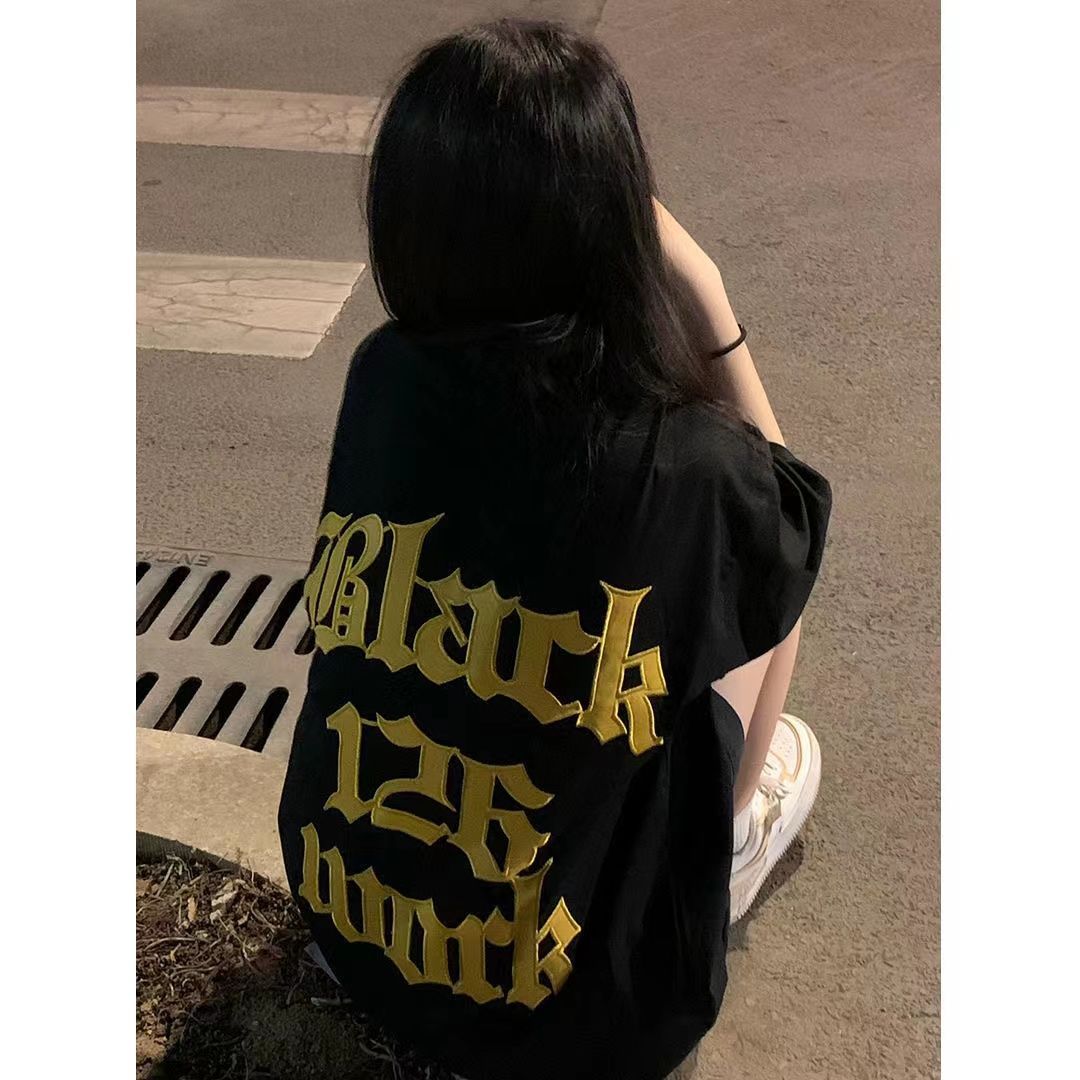 100%純棉短袖美式復古黑色t恤女高街寬鬆夏季oversize半袖上衣潮