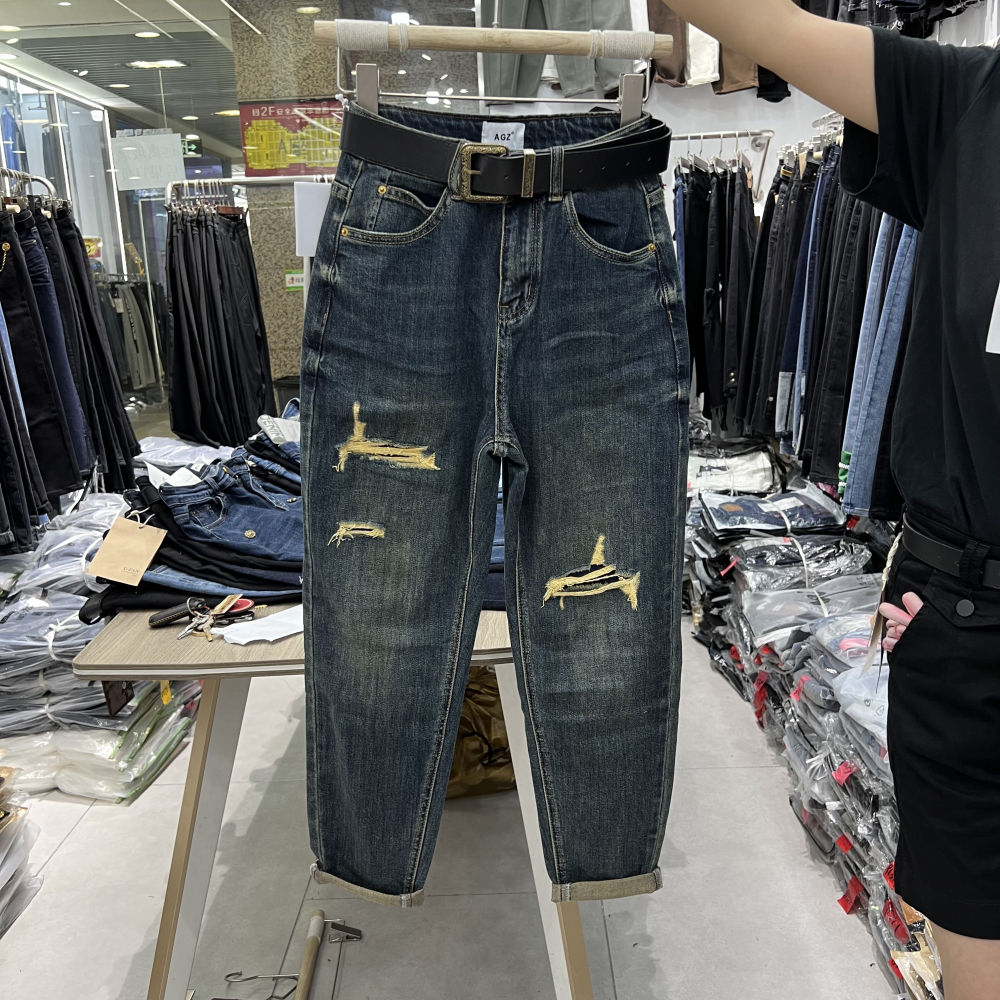復古藍色牛仔哈倫褲女潮2023秋季洋氣破洞墊布小襠垮褲蘿蔔九分褲