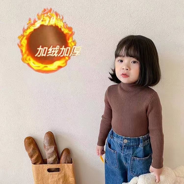 春秋兒童打底衫2023新款洋氣加絨加厚男女寶寶針織保暖半高領毛衣
