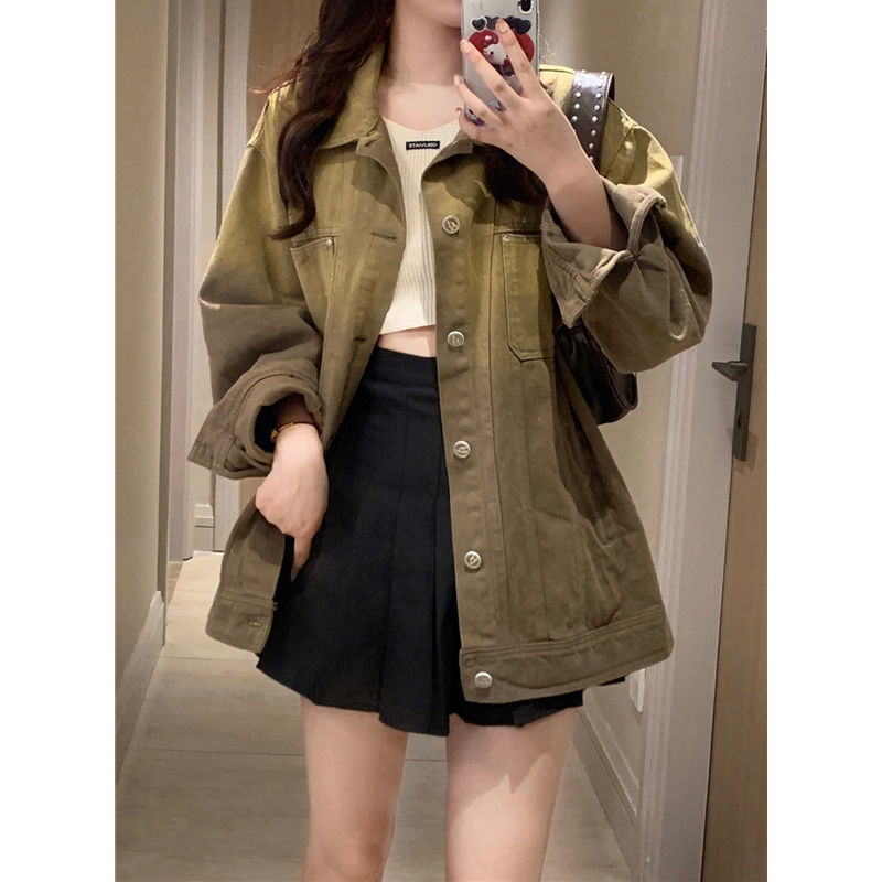 [Two-piece suit] Retro casual style Polo collar denim jacket women's loose long-sleeved jacket jacket pleated skirt