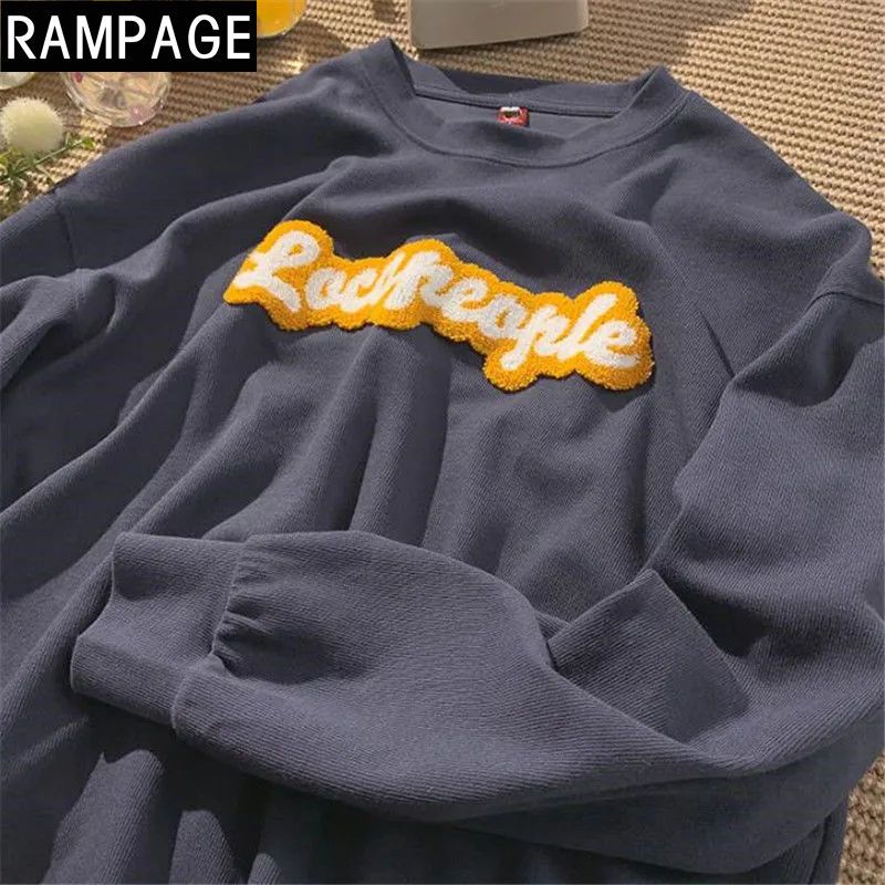 RAMPAGE pure cotton Hong Kong style towel embroidered letter round neck sweatshirt for men and women in autumn loose high street fashion brand ins top