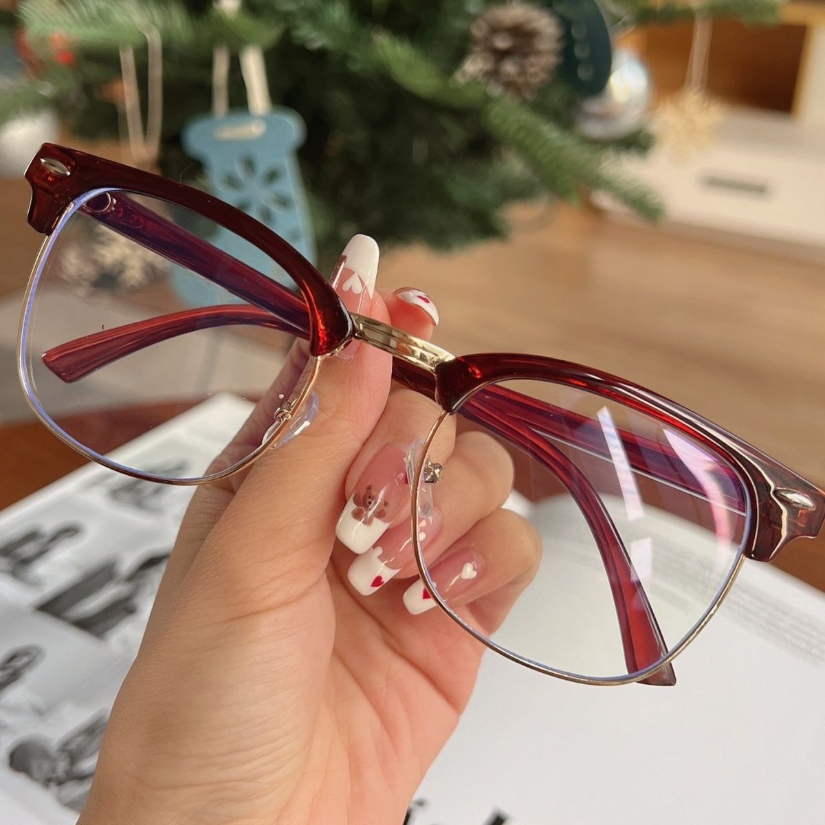 Trendy half-frame glasses female myopia can be equipped with degree round face plain face astigmatism eye frame retro frame eye female