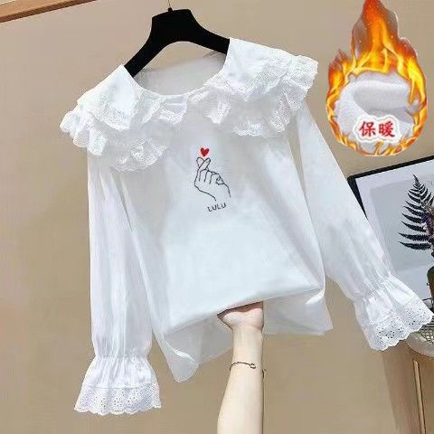 女童秋季新款娃娃领衬衫甜美纯色小衬衫中大童洋气时髦长袖上衣潮
