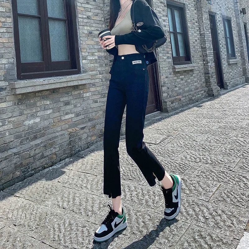 黑色開叉直筒牛仔褲女2022年春秋新款高腰顯瘦設計感小眾九分褲子