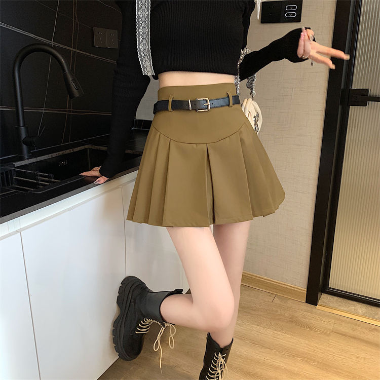 Paired with a belt, black pleated skirt, versatile and versatile A-line skirt, women's high waisted slim short skirt, anti glare skirt, ins