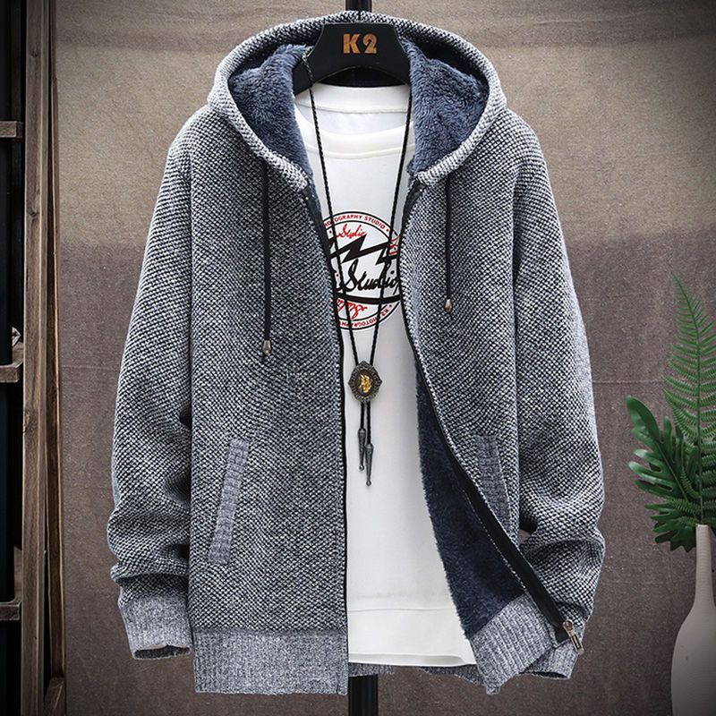 Men's knitted sweater men's cardigan Korean style trendy autumn and winter coat plus velvet thickened jacket top thickness optional