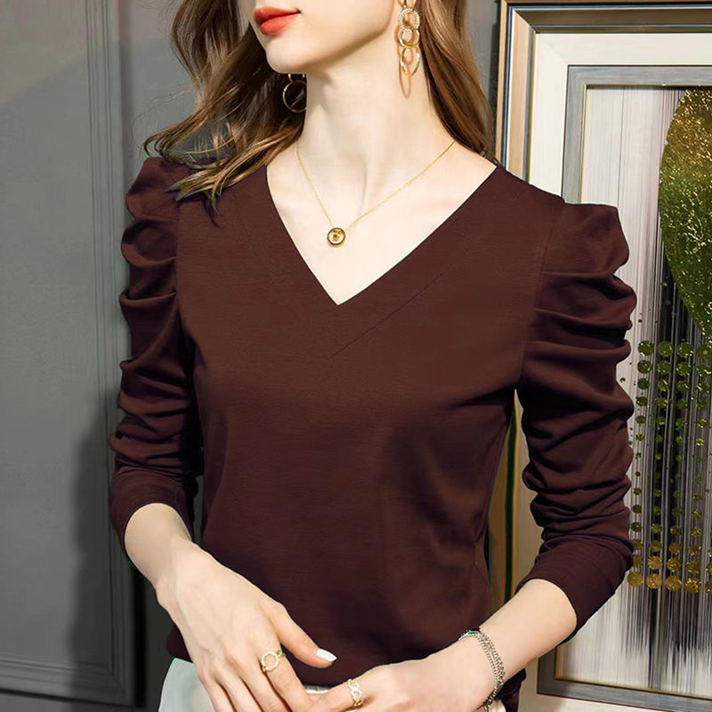 Pure cotton French puff sleeve T-shirt women's long-sleeved autumn clothing bottoming shirt autumn and winter foreign style slim top solid color v-neck outerwear