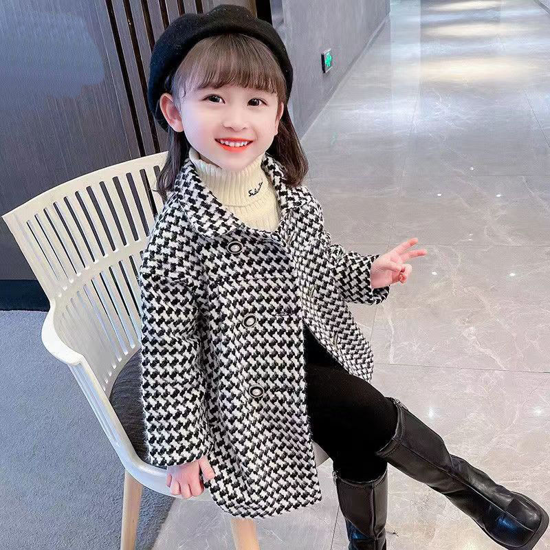 Girls' spring and autumn woolen coat 2022 new fashion Korean version of houndstooth half-open collar fried street coat trendy for big children