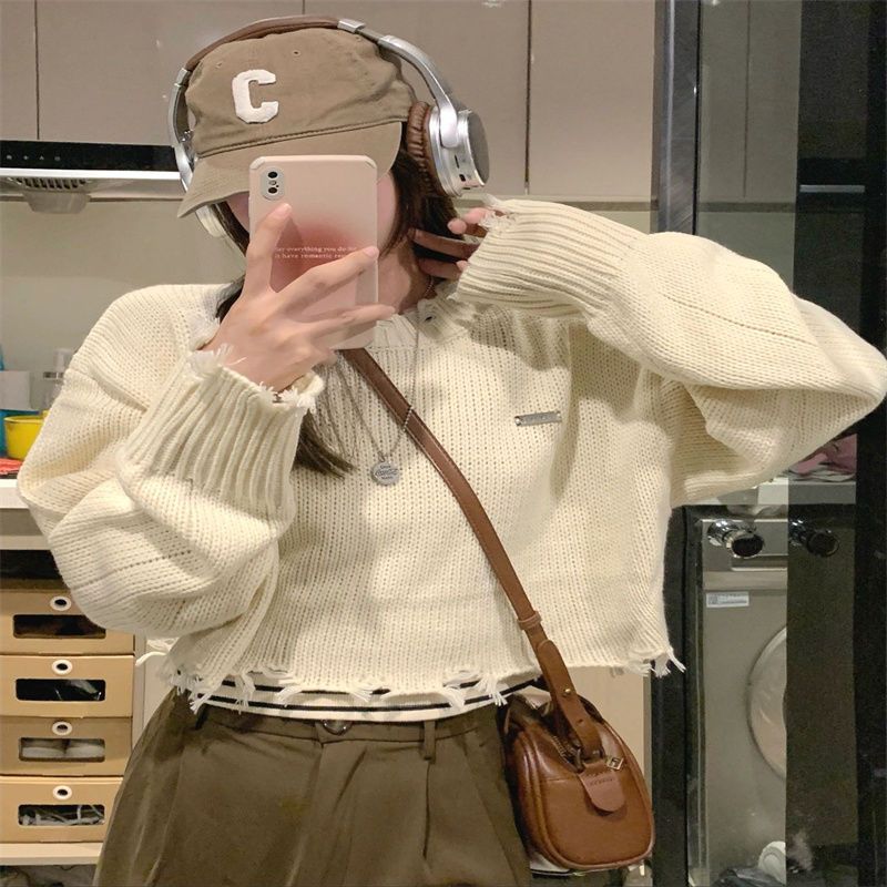 日系復古破洞短款毛衣外套女春秋寬鬆慵懶風設計感小眾針織衫上衣