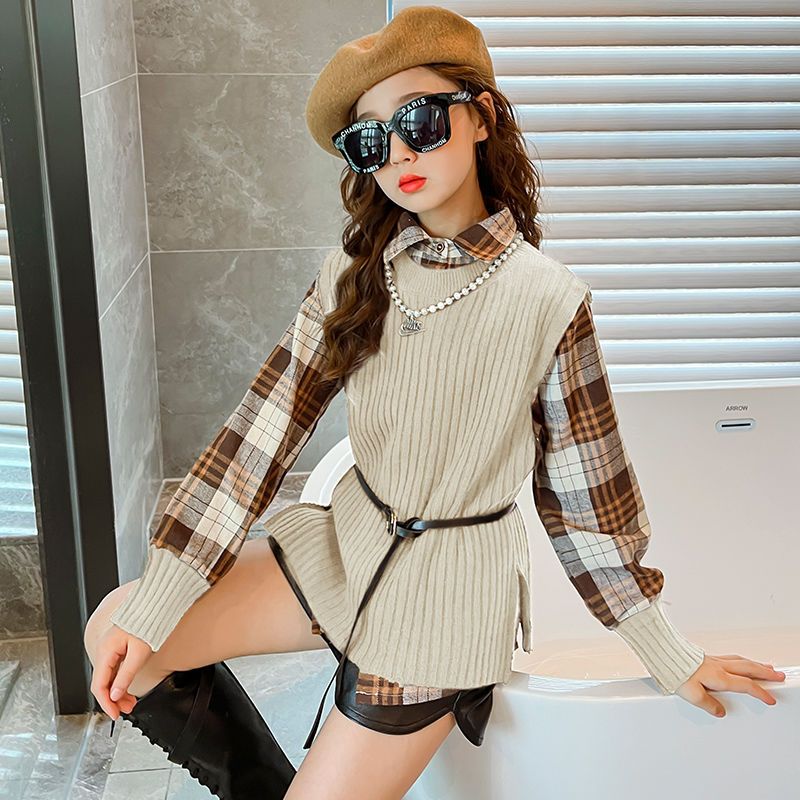 Girls' autumn suit  new style foreign style fashionable medium and big children net red fashion woolen vest shirt two-piece set
