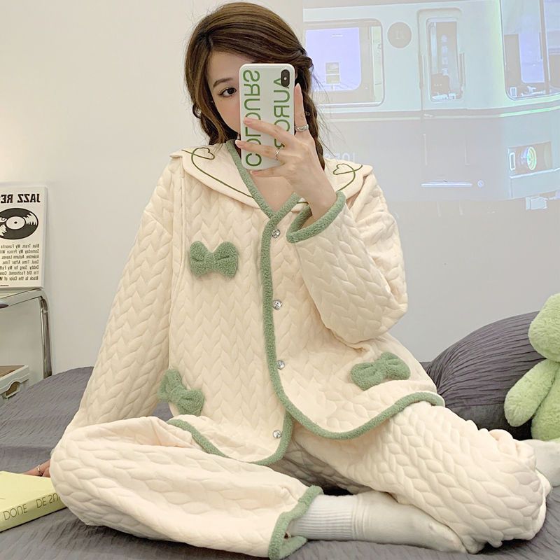 Autumn and winter pure cotton thickened confinement clothing air cotton postpartum pregnant women quilted breastfeeding pajamas
