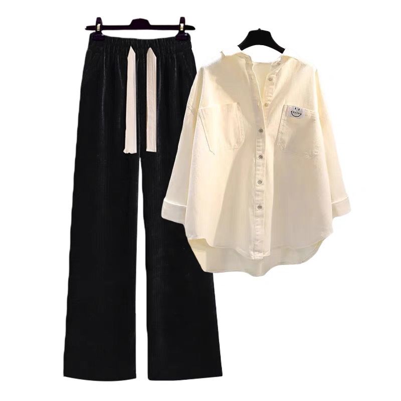 兩件式套裝 早秋襯衫上衣＋休閒褲 成套穿搭 顯年輕