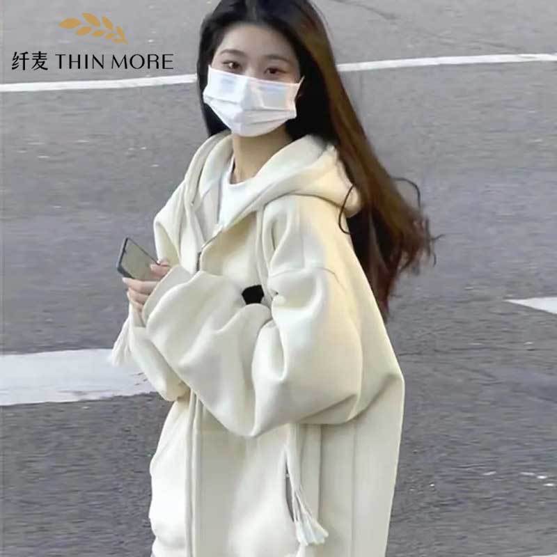 纖麥純棉超火杏色拉鏈開衫衛衣女銀狐絨加厚寬鬆顯白ins潮外套女