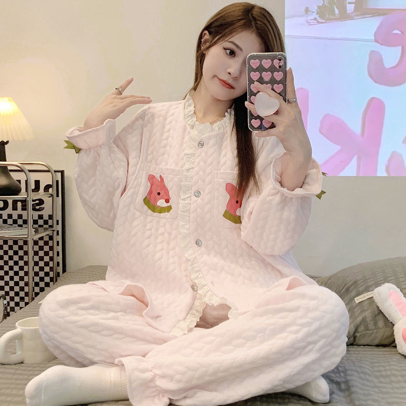 Autumn and winter pure cotton thickened confinement clothing air cotton postpartum pregnant women quilted breastfeeding pajamas