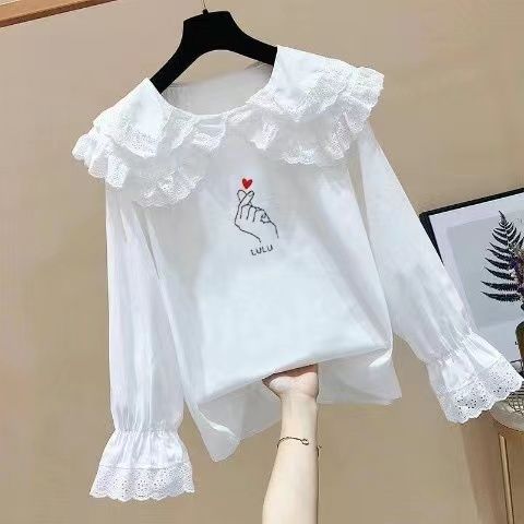 女童秋季新款娃娃领衬衫甜美纯色小衬衫中大童洋气时髦长袖上衣潮