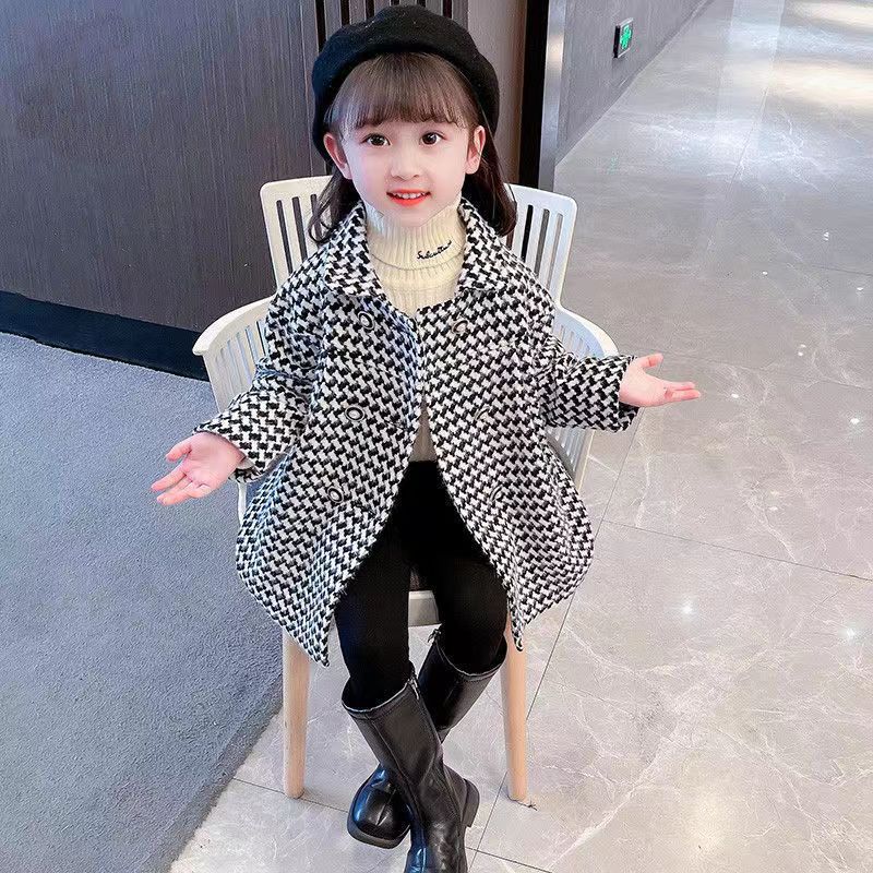 Girls' spring and autumn woolen coat 2022 new fashion Korean version of houndstooth half-open collar fried street coat trendy for big children